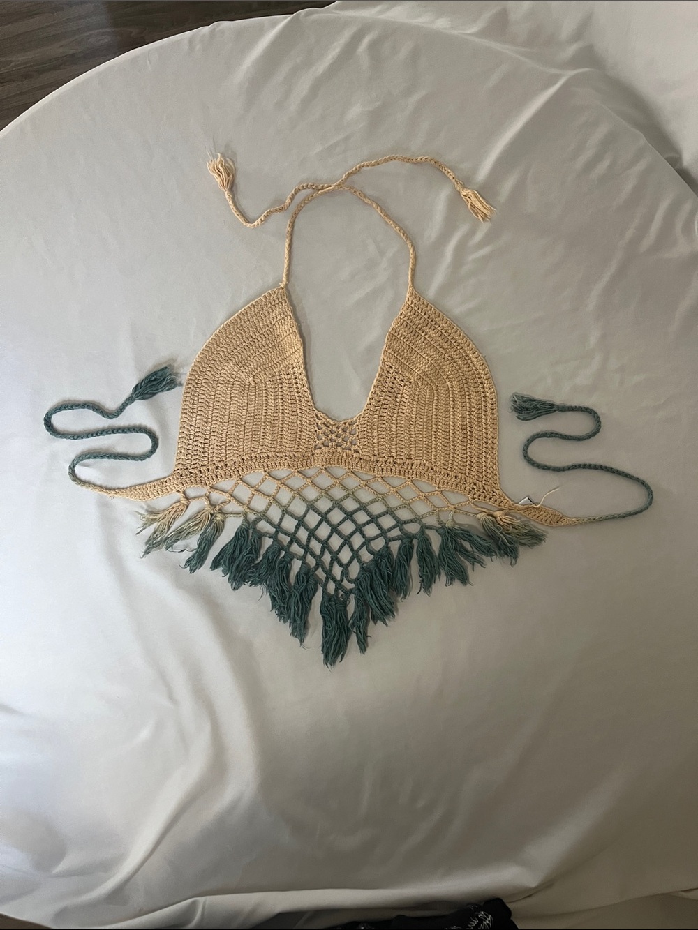 EARTHBOUND Cream Crochet Mermaid Fairy Halter Top with Teal Fringe